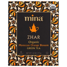 Mina Zhar Organic Moroccan Orange Blossom Green Tea, 15 Biodegradable Sachets - Refreshing Sencha Green Tea Bags, Low in Caffeine Orange Blossom Tea Bags