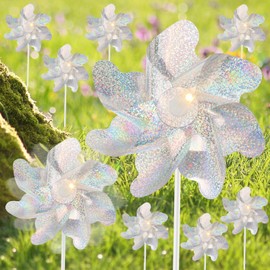Fulasiteu 10 Pack Reflective Pinwheels for Yard and Garden 7.08inch Pre-Installed Sparkly Silver Pinwheels Pin Wheels Bird Deterrent for Yard, Scare Birds & Animal Away Wind Spinner