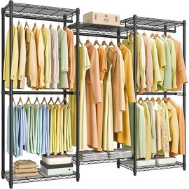 SONGMICS Heavy-Duty Clothes Rack, Garment Rack, Portable Closet, 68.7-Inch Wide Clothing Rack with Adjustable Mesh Shelves and Hanging Rails, Ink Black ULGR433B01