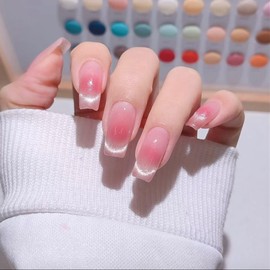 SXVME Cat Eye Ombre Pink Press on Nails Medium Coffin, French Tip False Nails Long Ballerina, Glitter Blush Pink Fake Nails Press ons, Bling Sparkle, Reusable Gel Stick on Nail for Women, 30 Pcs