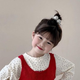 子供用 ヘアゴム パール調 光沢ボール付き 可愛い リボン風 ヘアアクセサリー 女の子 キッズ 髪留め ポニーテール ツインテール 結婚式 発表会 日常使い 2 個セット (グレー)gr-L