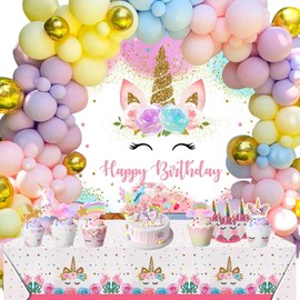 Lnkdeya Unicorn Birthday Party Decorations Girls - 132PCS Kids Unicorn Theme Party Supplies Pink Unicorn Party Decorations with Unicorn Balloons Tablecloth Backdrop Balloons arch