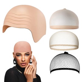 YINGLUBEN 4 Pcs Bald Cap, Skin Wig Caps, Makeup Latex Bald Cap, Bald Skin Head Cap for Women Men Cosplay Theme Party Supplies