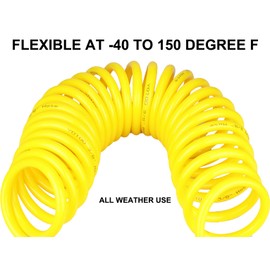 YOTOO Polyurethane Recoil Air Hose 3/8" Inner Diameter by 10' Long with Bend Restrictor, Repairable 1/4" Industrial Quick Coupler and Plug, Yellow