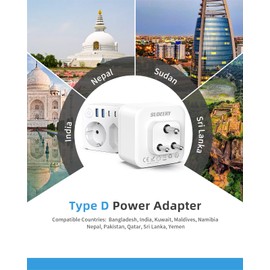 Germany to India Travel Adapter with 4 USB (2 Type C), 2 Way India Outlet Adapter, Travel Plug Adapter Schuko to Type D for Sri Lanka, India, Nepal Socket, White