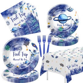 HIPVVILD Space 1st Birthday Decorations Party Supplies, First Trip Around The Sun Birthday Decorations Tableware, Plate, Napkin, Tablecloth, Cutlery, For Outer Space 1st Birthday, Serves 24