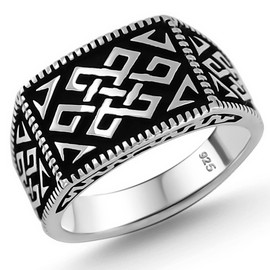Solid 925 Sterling Silver Special Anatolian Motif Luxury Turkish Men's Ring, Metal, Agate