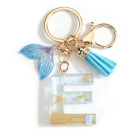 SHTALHST Initial Letter E Keychain,Ocean Theme Keychain with Blue Mermaid Tail & Tassel Charms,Letter Gifts for Women Friends