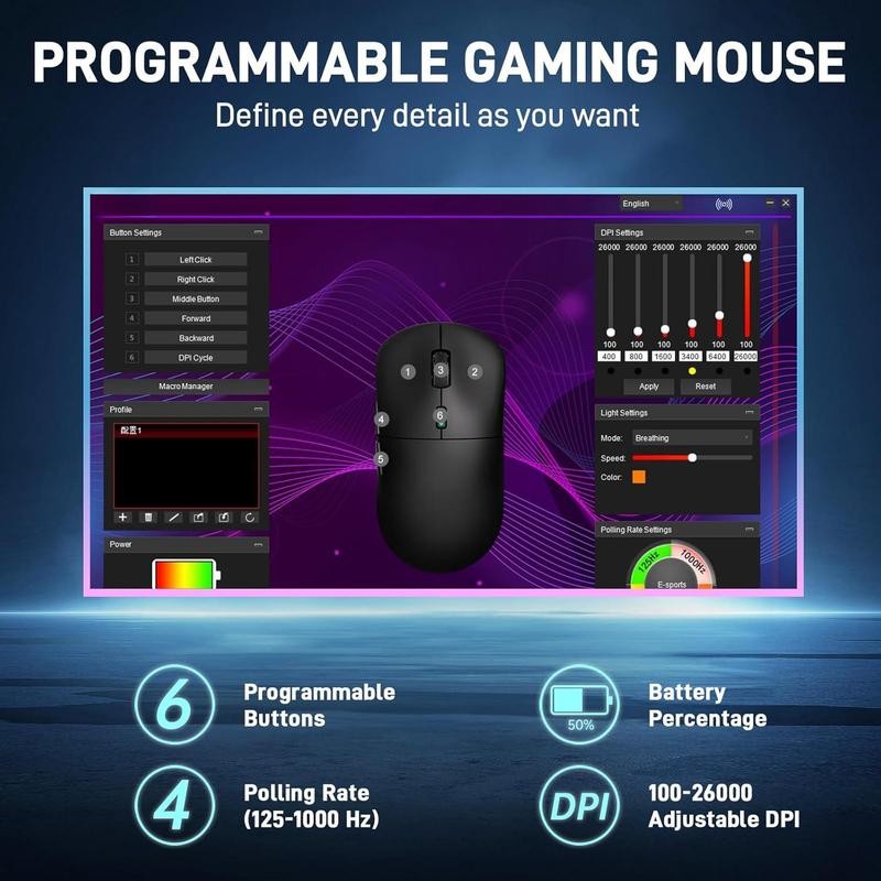 Wireless Gaming Mouse 26000 DPI with RGB Backlit 70 Hours