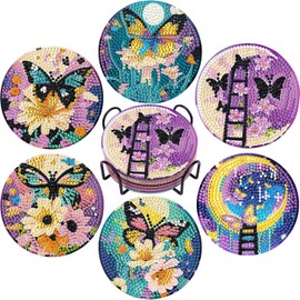 DOTSOPS 6 Pcs Diamond Art Kits for Adults - Diamond Art Coasters with Holder for Adults Beginners Diamond Craft for Christmas Birthday Gifts (Butterfly Moon)