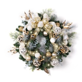 Valery Madelyn 24 Inch Pre-Lit Christmas Wreath for Front Door with Lights, Large Lighted Christmas Wreath with White Gold Xmas Ball for Fireplace Window Outdoor Table Centerpiece Holiday Home Decor