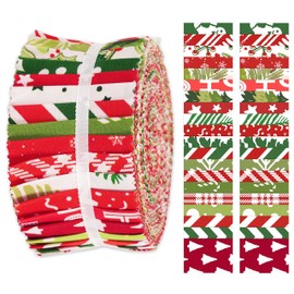 Soimoi 40Pcs Christmas Print Cotton Precut Fabrics for Quilting Craft Strips 2.5x42inches Jelly Roll - Red & Green