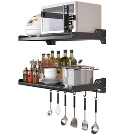 Aopimosd Wall-Mounted Microwave Oven Shelf Rack Cooker Holder，Stainless Electric Pot Racks with Slidable Hooks for Kitchen Storage Accessories Service Storage Rack Shelves (Black Double-Layer)