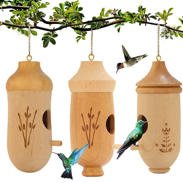 OROGHT Hummingbird House - Natural Wooden Hummingbird Nesting Houses for Gardening Gifts Home Decoration 3 Pack