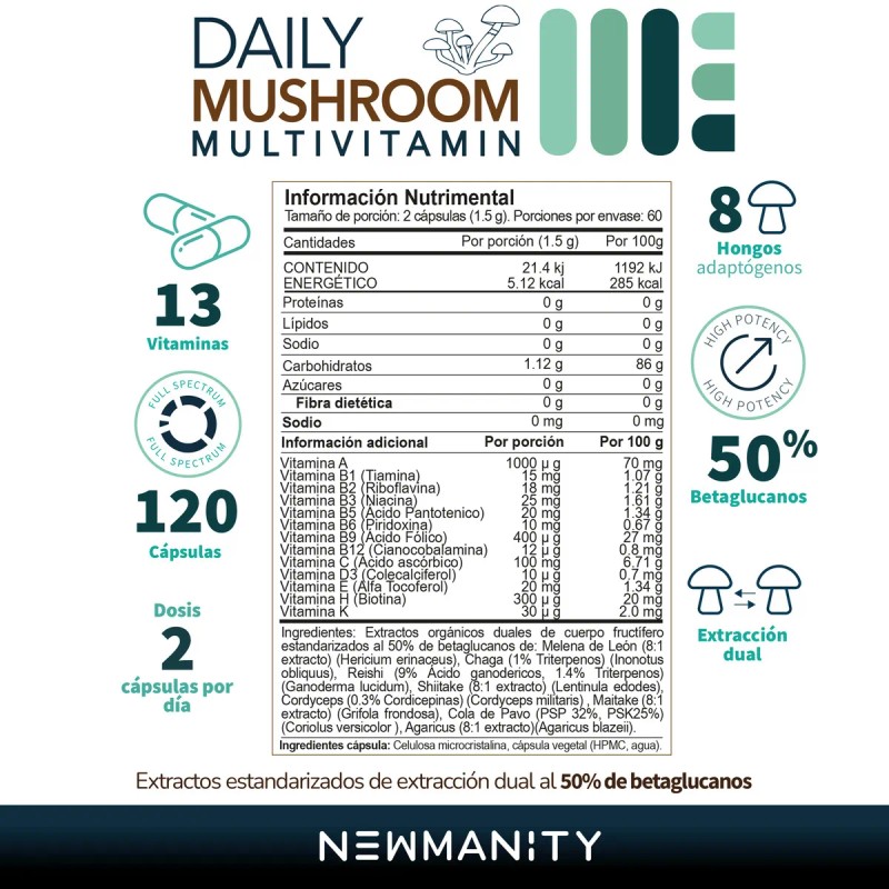 Newmanity | Hongos Y Multivitamínico 120 Cáps Daily Mushroom Sabor