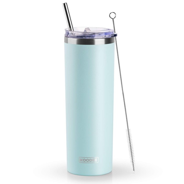 Koodee Straw Tumbler Skinny Travel Tumbler with Lid, 20oz Vacuum Insulated Double Wall Stainless Steel Water Tumbler Cup for Coffee, Tea (Baby Blue)