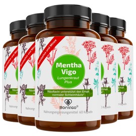 BonVigo® MenthaVigo Lungwort & Eucalyptus, 300 Capsules, 11 Plant Extracts, Riboflavin for Maintaining Normal Mucous membrane, e.g. Neck, Nose Bronchi, Selenium for Normal Function Immune System (5)