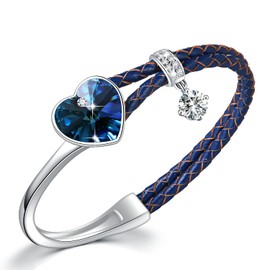 SUE'S SECRET Blue Heart Crystal Leather Bangle Bracelet Unique Gift for Mom Anniversary Valentine's Day for Women Birthday Christmas Mother's Day