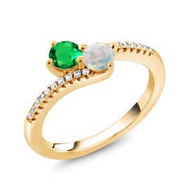 Gem Stone King 18K Yellow Gold Plated Silver Green Nano Emerald and White Opal Bypass Ring For Women (0.79 Cttw, Gemstone May Birthstone, Round 4MM, Available In Size 5, 6, 7, 8, 9)
