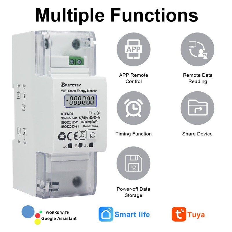 KETOTEK Smart Electricity Meter DIN Rail WLAN 1 Phase Current