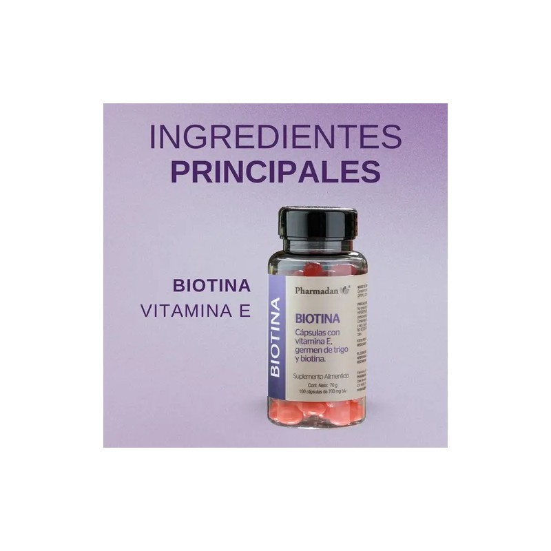 Pharmadan Biotina con Vitamina E 700mg 100 Cápsulas Suplemento Nutricional