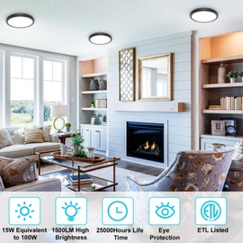 libtit Flush Mount Ceiling Light 7 Inch, 15W 1500Lm Surface Mount LED Light Fixture,3000k/4000k/6500k Color Selectable, Black Thin Flat Round LED Light for Bathroom Kitchen Laundry LivingRoom Garage