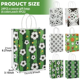 24Pcs Soccer Party Favor Paper Bags, Soccer Goodie Bags with Handles, Football Themed Party Bags Soccer Print Candy Treat Bags fur Kids Adults Football Party Supplies, 6 Color