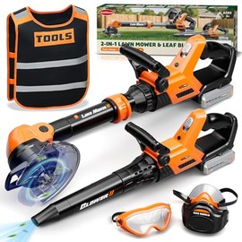 KidBloom Kids Gardening Tools Set with Vest, 2-in-1 Kids Lawn Mower & Kids Leaf Blower with Lights & Sounds, Toy Weed Wacker with Goggles & Mask, Outdoor Pretend Play Toys, Birthday Gifts for Boys 3+