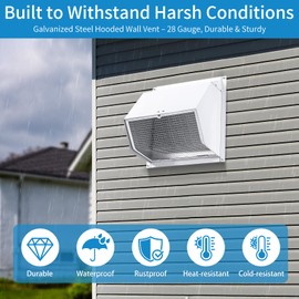 Hooded Wall Vent Cover with Screen and Damper, Galvanized Steel Outside Wall Exhaust Vent Cover Cap for Kitchen Range Hood Dryer HVAC Duct Exterior Ventilation and Air Exhaust (White, 6 Inch)