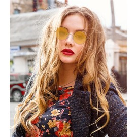 EYLRIM Red Lens Circle Glasses Small Round Polarized Sunglasses for Women Men Retro Hippie Style Circle Sun Glasses(Gold/Clear Yellow)