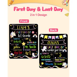 JMHACHY First and Last Day of School Sign - Back to School Sign, 12×10 in Reusable Double Sided Chalkboard Signs with 5 Markers for 1st Day of Kindergarten Preschool Pre K Kids Boys Girls, Unicorn
