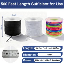 500 Feet Stretchy Bracelet String, 1mm Elastic String for Bracelets, White, Black, Rainbow Elastic Cord for Bracelets, friendship bracelet string, Tensile Strength String for Crafts, Necklaces & Beads