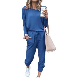 Paintcolors Women's Printed Two Piece Outfit Long Sleeve Crewneck Pullover Tops And Long Pants Sweatsuits Tracksuits, Denim Blue-solid, XXL