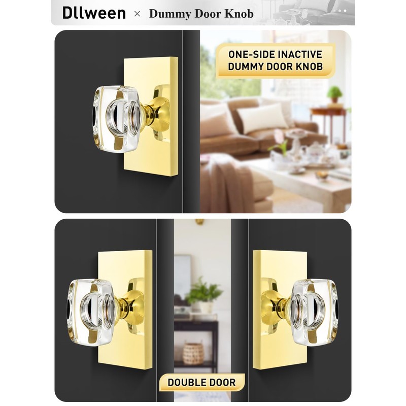 Dllween Glass Gold Dummy Door Knob, Polished Brass Crystal Dummy