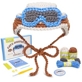 Yeezhee Crochet Kit for Intermediate&Advanced Beginners, Crochet Cat Hat Kit with Step-by-Step Video Tutorials, DIY Pet Hat Kit with Ear Holes, Knitting Gift for Adults Kids, Aviator