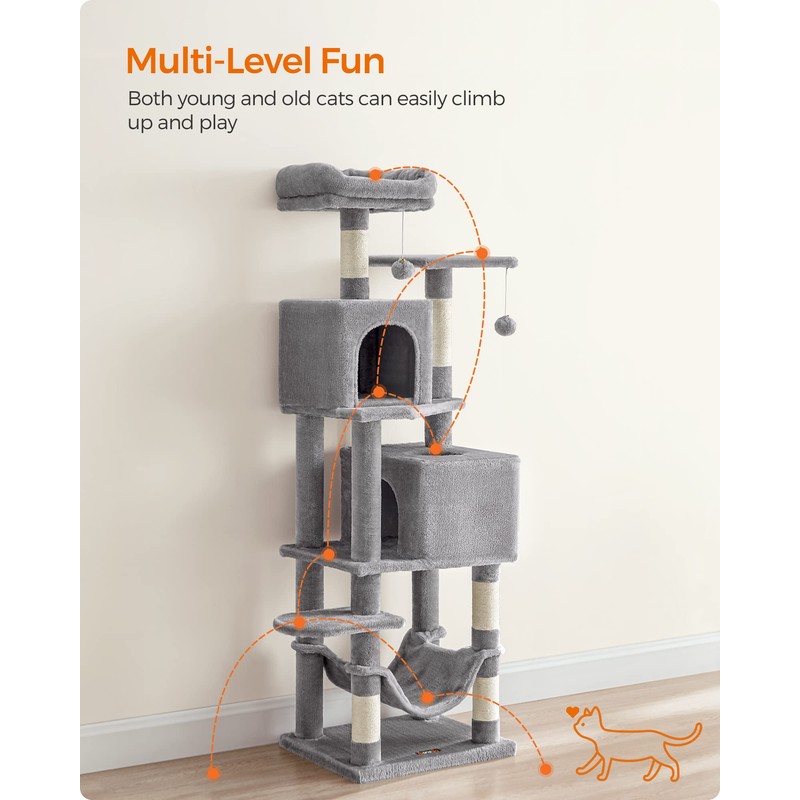 Feandrea Cat Tree, 61-Inch Cat Tower for Indoor Cats, Plush