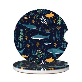 KOSUES Whale Shark Underwater Sea Life Absorbent Ceramic Car Coasters 2 Pack Round Insert Cupholder Coaster Car Cup Holder Mat with Finger Notch Anti-Slip Cork Base Reusable Drink Coasters 2.56 in
