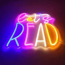 RSEthan LED Neon Sign Let's Read 13"x11.4" USB Powered Dimmable Purple Pink Gradient Classroom Library Reading Corner Decoration Motivational Gift for Teachers Students Book Lovers