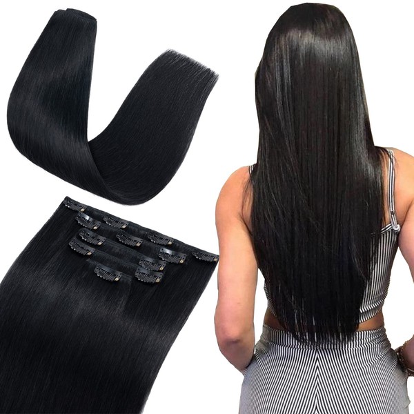 S-noilite Clip-In Real Hair Extensions, #1 Black, 100% Remy Real Hair, 5 Wefts, 12 Clips, Remy Natural Hair Extensions for Thin Hair, 40 cm (60 g)
