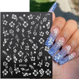 12 Sheets Flower Nail Stickers for Nail Art,3D Self-Adhesive Hibiscus Nail Art Stickers White Pink Gold Silver Floral Nail Design Decals Summer Hibiscus Flower Nail Decals for Women Nail Decor Kits