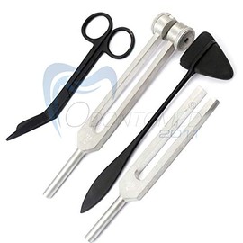 OdontoMed2011® Set of 4 pcs Tactical Black Reflex Taylor Percussion Hammer, Tuning Fork c 128 512 Hz, Lister Bandage Scissors 5.5" Ideal for Students, Nurses, EMTs