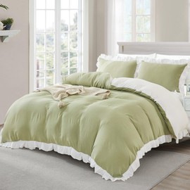 3 Pieces Green White Ruffle Frills Design Bedding Sets for All Seasons Double Soft Microfiber Duvet Cover with Zipper Closure 200 x 200 cm