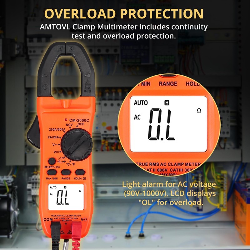 AMTOVL Clamp Meter - AC/DC Current, 2000 Counts Auto-ranging TRMS