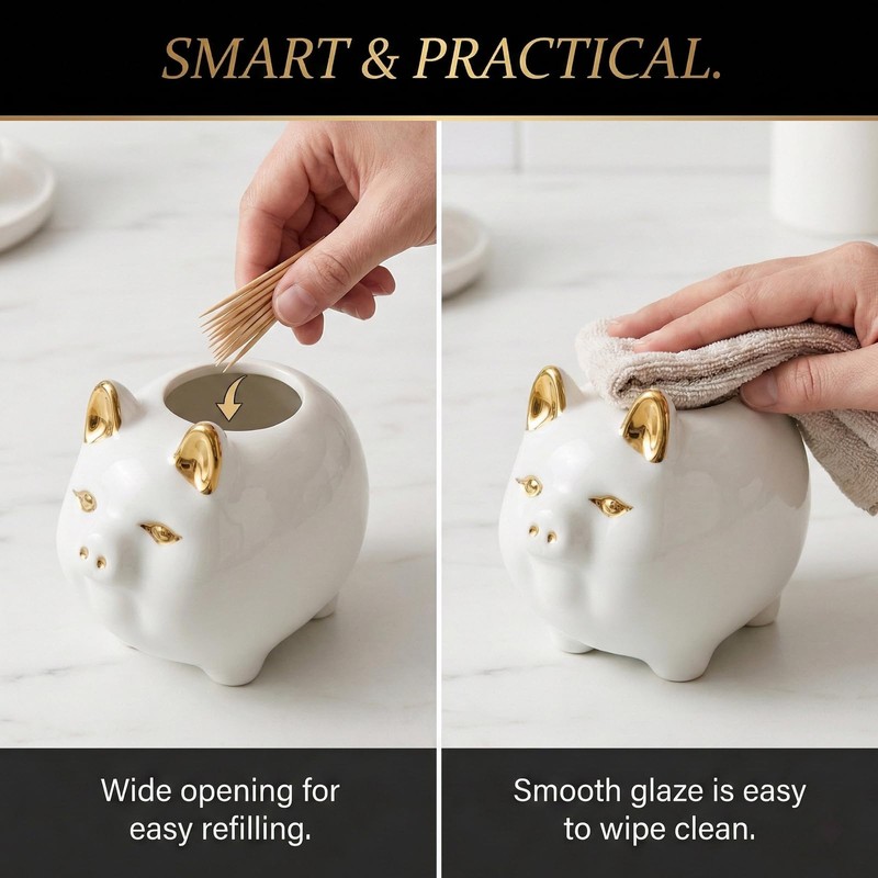 Seyont Toothpick Holder Dispenser - Golden Pig Tooth Pick Box,
