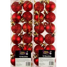 Set Of 24 Mini Christmas Shine Glitter Tree Baubles Decorations - Deep Red