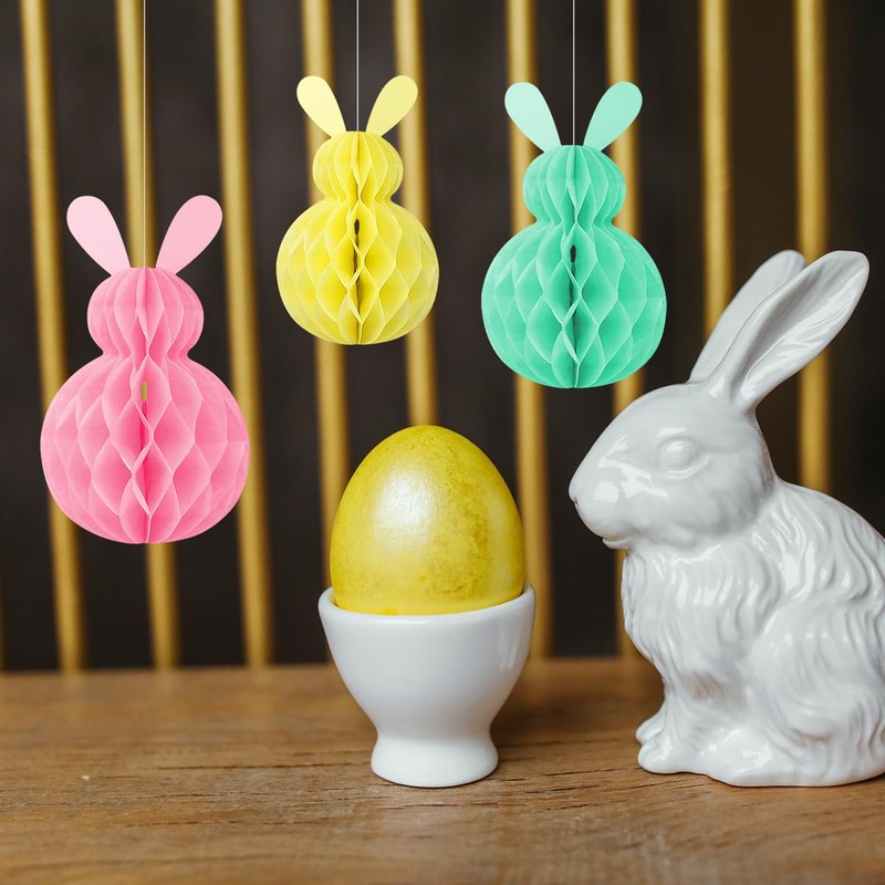 6PCS Bunny Rabbit Easter Hanging Decorations Cute Honeycomb Shape Ball