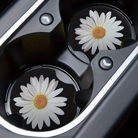 Daisy Pattern Car Coasters, 1 Pair Waterproof Non-slip Car Cup Mat, Car Interior Decoration Accessories, Car Decor Supplies