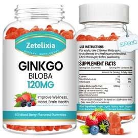 Zetelixia 2 Pack Ginkgo Biloba Gummies for Women and Men, Brain Supplement Improve Better Mood and Focus, Vegan Mixed Berry Flavor 120 Count