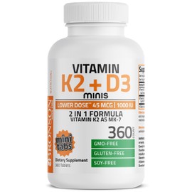 Bronson Bronson Vitamin K2 (MK7) with D3 Low Dose 45mcg Vitamin K2 & 1000 IU Vitamin D3 Easy to Swallow 2 in 1 Formula Non-GMO, 360 Mini Tablets