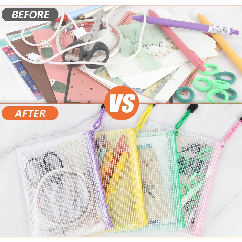 Pack of 16 A6 Coloured Net Document Bags, PVC Plastic